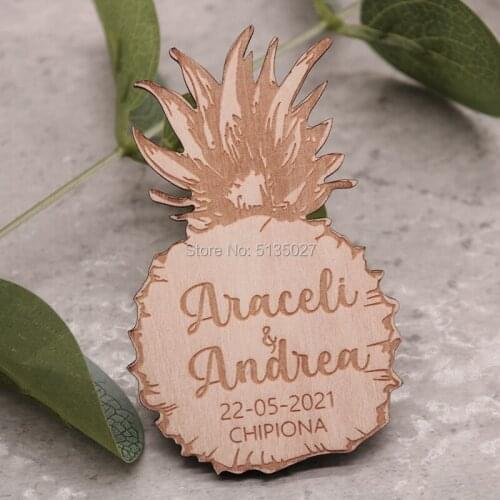 Wood Wedding Magnet,Pineapple Save the Date Magnet, Rustic Bridal card with magnet, Pineapple Hawaiian favor tag, Personalized