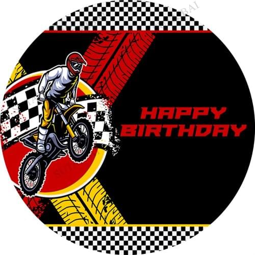 Motorcycle Round Circle Backdrops for Photo Studio Boys Birthday Party Black and White Plaid Photography Backgrounds Banner