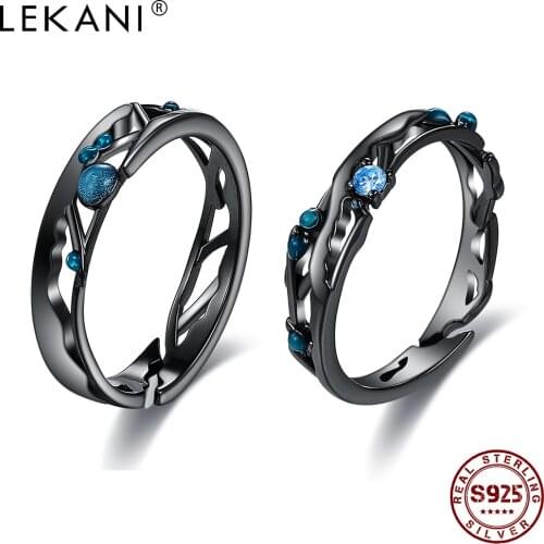 LEKANI Sterling Silver 925 Jewelry Black Rings Women Bright Cubic Zirconia Adjustable Couple Ring Vintage Bohemian Retro Gift