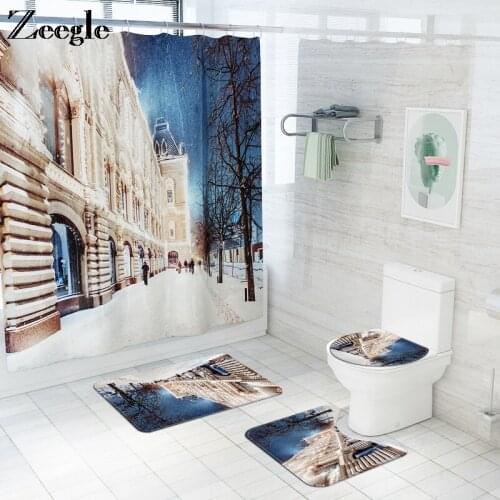 Bath Mat Set Winter Street View Bath Mat and Shower Curtain Set Toilet Carpet Anti-Slip Mat For Bathroom Toilet Seat Cover Mat
