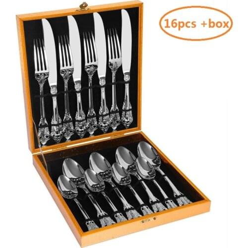 Luxury Silverware Dinnerware set Silver Plated Wedding Cutlery Stainless steel Dinner set Retro Tableware Christmas Party 16pcs