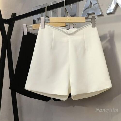 Temperament Sparkling Rhinestones High Waist Shorts Women Spring Summer New Design Wide Leg Office Lady Casual Short
