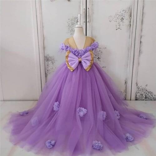 Lilac Baby Girls Dresses Ball Gown Hand Made Flowers Little Girl Birthday Dresses Pageant Dresses Gown with Bow