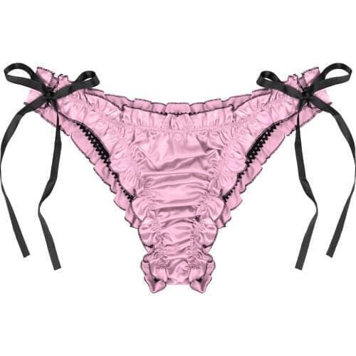 Mens Low Waist Panties Ruffles Satin Briefs Breathable Lace-up Pleated Trim Underpants Sissy Male Gay Underwear Sexy Shorts