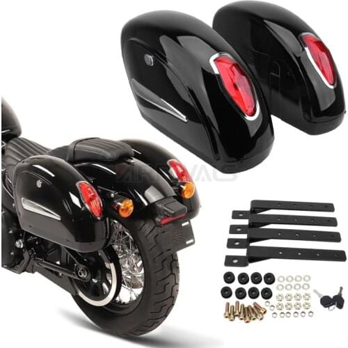 Universal Motorcycle Saddle Bags Side Luggage Bag w/ Retro Oval Red Light Fork Tool For Harley Honda Yamaha Suzuki Touring
