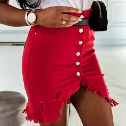 Women skirt High Waist New fashion denim skirt Open Front Single-breasted Ripped Bodycon Knee-length Skirt 2021 юбка