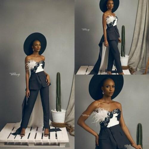 Women Suits With Long Train Evening Dress Sweetheart Sleeveless Appliques Feather 2 Pieces Pants Suit Custom Made