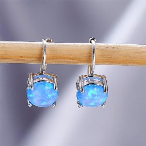 Trendy Female Blue Opal Stone Earrings Minimalist Silver Color Small Clip Earrings For Women Cute Bridal Round Wedding Earrings