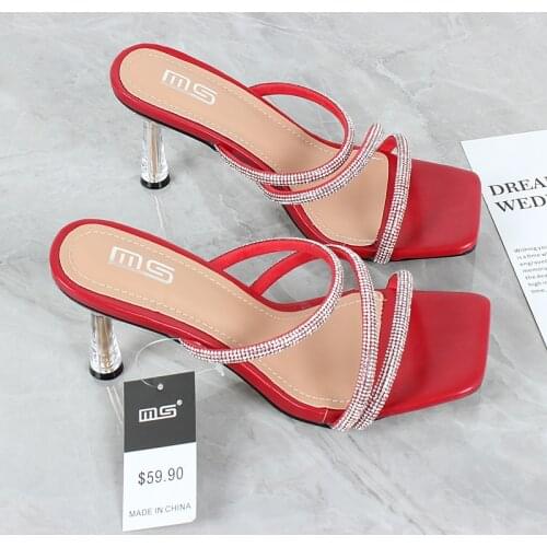 Gladiator 8CM Ladies Sandals Brand Design Women Elegant Rhinestone Thin Crystals High Heels Summer Outdoor Beach Slides Shoes 41