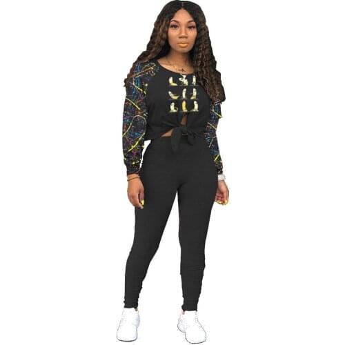 Womens Suit 2021 Spring and Autumn Print Sexy Hollow Imitation Cotton Long-Sleeved T-Shirt Two-Piece