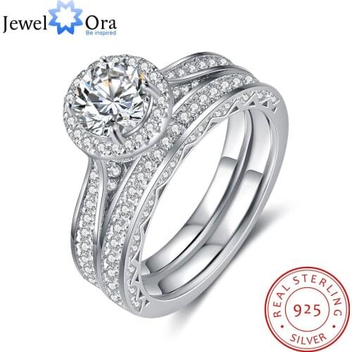 JewelOra 925 Sterling Silver Stackable D Color Moissanite Ring Zirconia Paved Marriage Wedding Engagement Ring Set for Women
