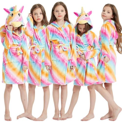 Winter Warm Flannel Bathrobes Children Cartoon Unicorn Pajamas Girls Dressing Gown Hooded Animal Sleepwear Long Sleeve Robe