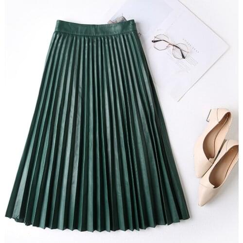 2020FW Autumn High Quality Women Genuine Leather Midi Causal Pleated Skirt 3 Color