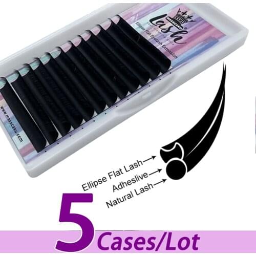 5pcs/lot Free Sample Soft Natural Matte Black C/D curl 0.15mm 0.20mm flat matte eyelashes OEM Private Label Ellips Flat Lash