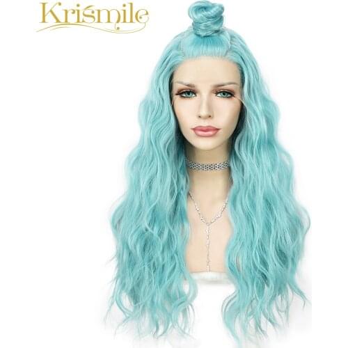Long Synthetic Lace Front Wigs Light Blue Color Water Wave Hair for Women Party Cosplay Drag Queen Daily High Temperature