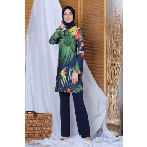 Womens Long Sleeve Leaf Print Pants Hijab Swimwear 20117 Navy Blue