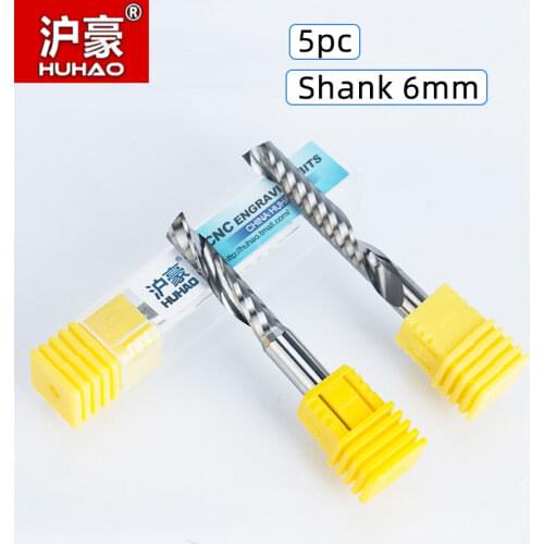 HUHAO 5pcs/lot Shank 6mm Single Flute Spiral Cutter Router Bit For Acrylic Carbide Milling Cutter CNC Tools Machine Accessories