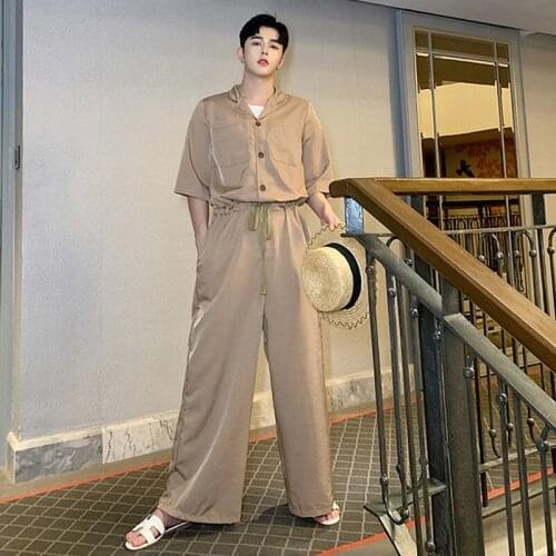 Trendy mens loose suit slim high waist Japanese Jumpsuit retro trend short sleeve one piece summer wide leg Jumpsuit