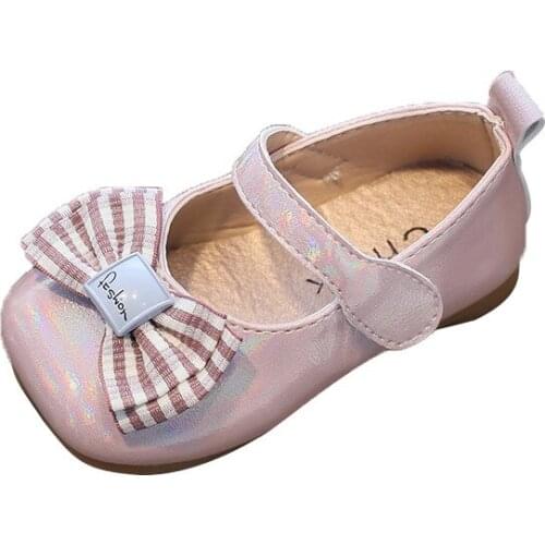 Girls Leather Shoes 2021 Korean New Childrens Baby Toddler Cute Butterfly-knot Princess Shoes Soft Shoes Flats Chic for Party