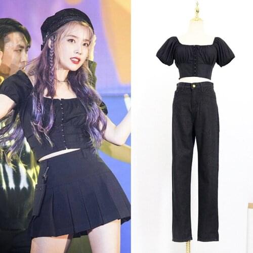 Kpop IU Lee Ji Eun Temperament Black Slim O-neck Short-Sleeved T-shirt Tops+Loose High Waist Straight Pants Women Two Piece Set