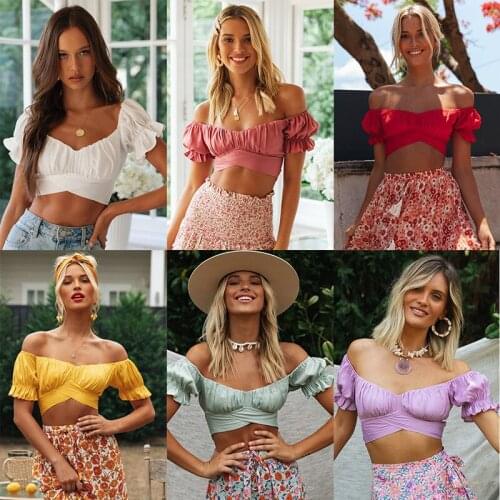 Lantern Sleeve Off Shoulder Crop Tops Women Cross Bandage Shirts Summer Cami Beach Vintage T-Shirt Streetwear Outfits Corset Tee