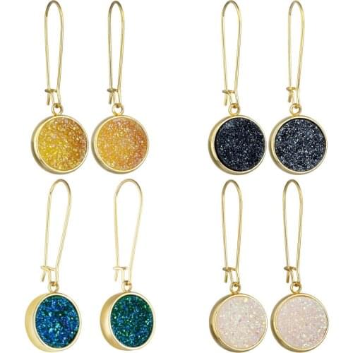 TUMBEELLUWA Round Natural Titanium Crystal Druzy Kidney Wire Hook Drop Dangle Earrings for Women