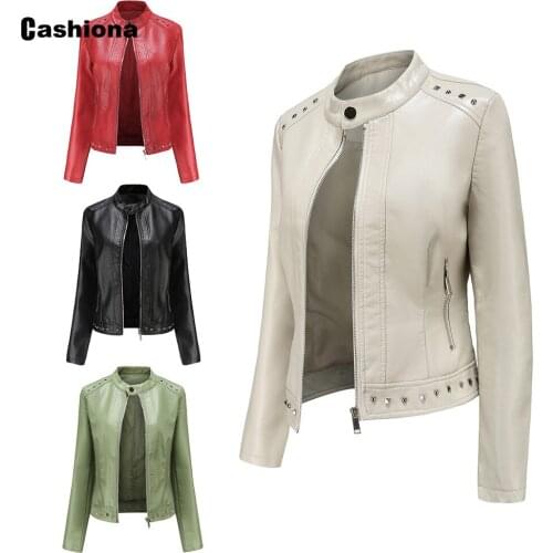 2021 Faux Pu Leather Jackets Plus Size Women Fashion Rivet Outerwear Pockets Zipper Coat Slim Biker Jacket Sexy Womens Clothing
