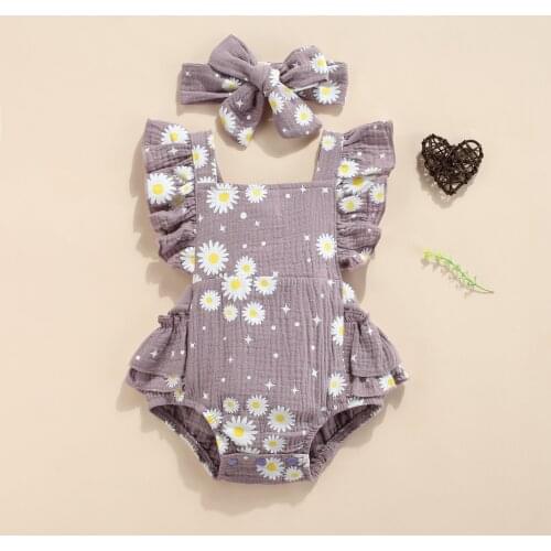 Summer Toddlers Baby Girls 2pcs Bodysuit Set Daisy Printing Square Neck Ruffle Sleeve Romper + Headband