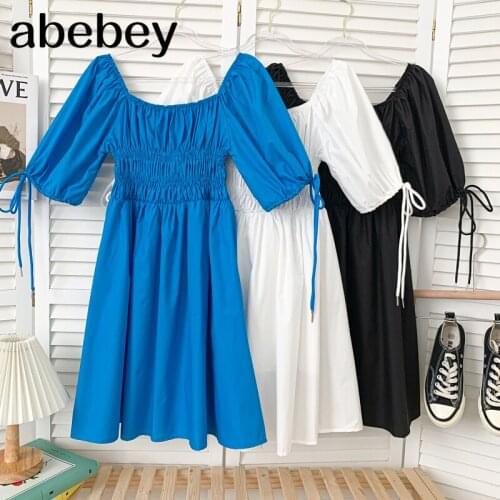 Sweet square collar short sleeve Dress bow bandage high waist pleated solid color short A-line Dress 2021 New Spring Autumn