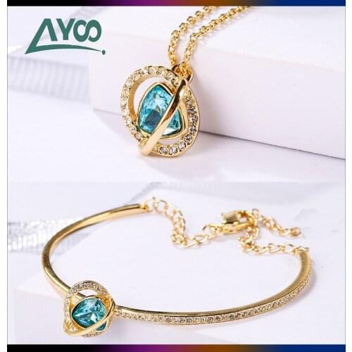 SWA Fashion Jewelry Original 1:1,Charming Green Crystal Geometric Luxury Romantic Necklace Bracelet Set Romantic Gift For Women