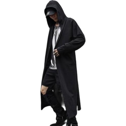 Spring summer men black thin punk rock hip hop hooded trench coat long jacket mens gothic style cloak vintage hiphop cardiagn