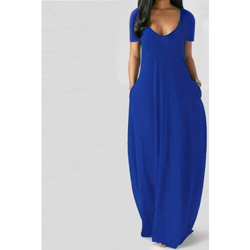 Summer Women Maxi Dress V-neck Pockets Short Sleeve Long Dresses Casual Plus Size Dress With Pockets Loose Dresses Robe Longue