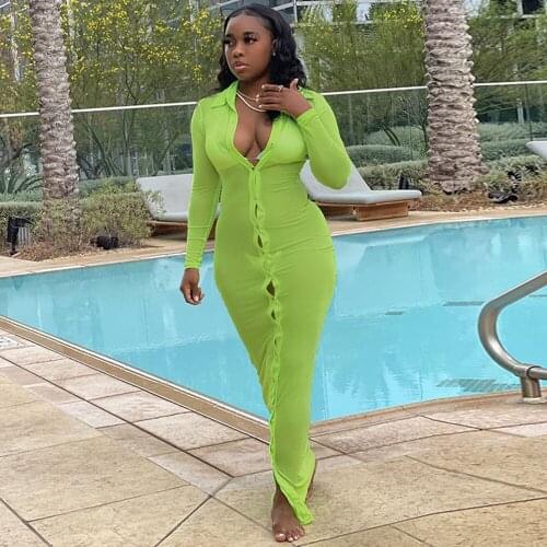 Sheer Mesh Transparent Bandage Long Dresses Women Sexy Turn Down Collar Full Sleeve Skinny Dress Autumn Single-breasted Dress