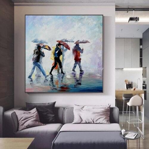 Hand-painted Knife Thick Paint Pouring Rain And People Back Home Painting Canvas Modern Living Room Home Decor Art Picture 50x50