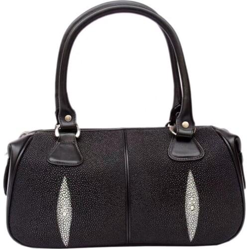 Thailand Authentic Real Stingray Skin Women Black Pillow Purse Genuine Exotic Leather Lady Top-handle Handbag Female Boston Bag