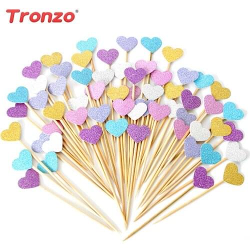 Tronzo Cake Topper 40pcs Golden Color Heart Star Paper Cupcake Topper Happy Birthday Party Decorations Kids Wedding Cake Toppers