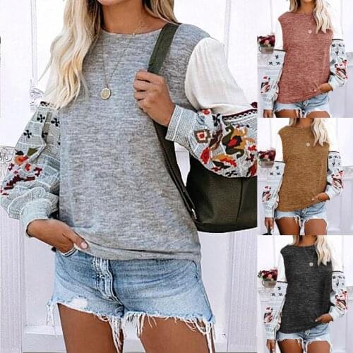 Autumn and Winter Womens Round-neck Long-sleeved Printed Jacket Top Khaki Dark Pink Light Gray Sweatshirt