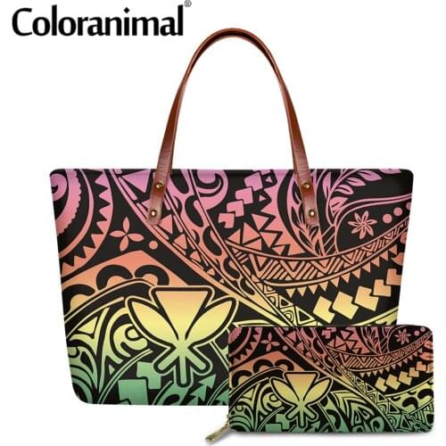 Coloranimal Hawaiian Design Women Tote Handbag Gradient Polynesian Print Shoulder Bag for Ladies 2Pcs/Set Crossbody Bolsa&Wallet