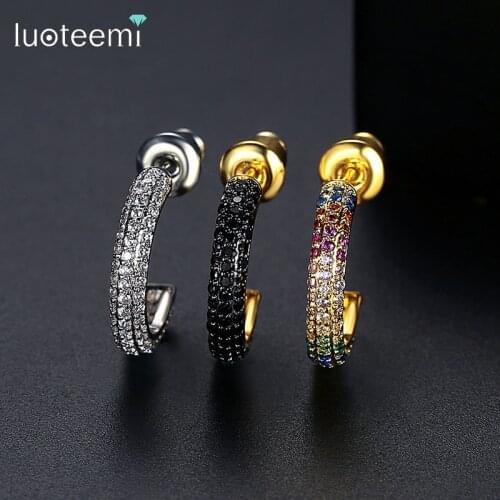 LUOTEEMI Women Hoop Earrings Three Colors Cubic Zircon Stones Paving Earring K-Pop Party Celebration Jewelry Wholesale