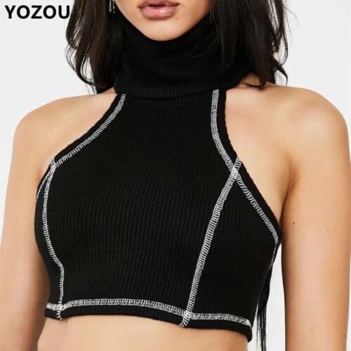 Women ribbed chic summer halter sleeveless backless sexy punk vintage retro crop top cropped cami tank tee tshirt for female