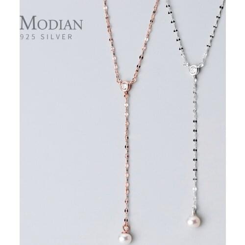 MODIAN 925 Sterling Silver Shiny Zircon Y-Shape Elegant Pearl Pendant Necklace for Women Rose Color Gold Necklace Fine Jewelry