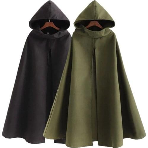 Medieval Costume Winter Women Casual Sleeveless Black Hooded Cloak Female Fashion Wide Open Woolen Outwear Girls Turtleneck