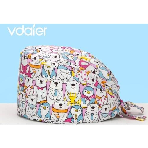 100% cotton adjustable reusable cartoon dentist nursing working scrub cap printed Pet Vet Dentist Work Hat scrub hats