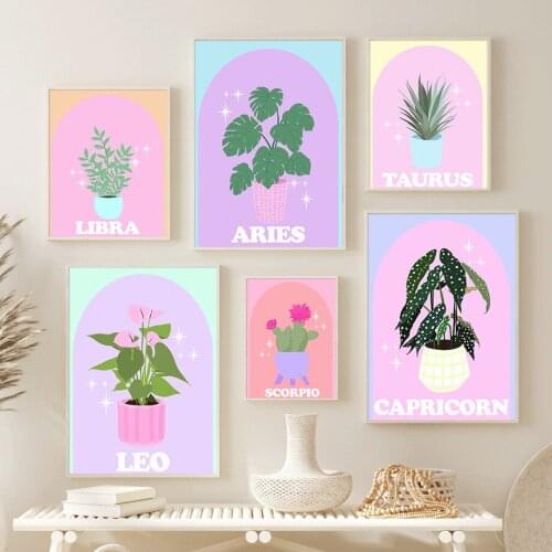 12 Constellation Plant Cactus Cancer Leo Wall Art Canvas Painting Nordic Posters And Prints Wall Pictures For Living Room Decor