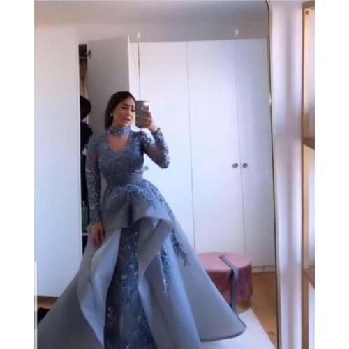 Arabian Design High Collar Beaded Sequins Stones Pearls Long Sleeve Mermaid Prom Dresses with Overskirt 2020