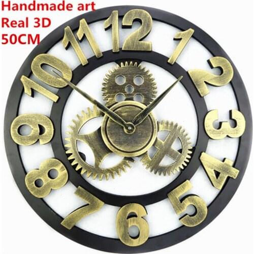 Handmade Oversized 3D retro rustic decorative luxury art big gear wooden vintage large wall clock on the wall for gift 20 inches