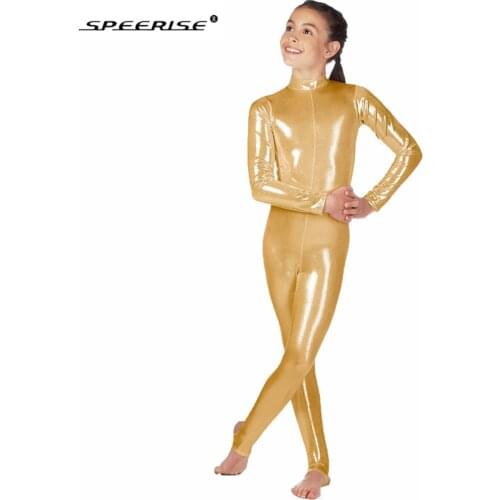 SPEERISE Kids Long Sleeve Metallic Unitards Stirrups Dance Gymnastics Leotards Girls Shiny Dancewear Stage Performance Show Suit