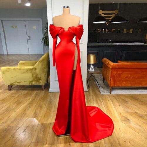 Elegant Red Satin Evening Gowns Off The Shoulder Long Sleeves Sexy High Split Prom Dresses Sweep Train Formal Party Dress Robe
