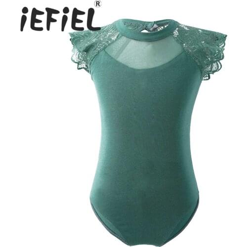 Kids Girls Sleeveless Floral Lace Ballet Dance Leotard Solid Color Oval Shaped Gymnastics Dance Training Jumpsuit Body Suit