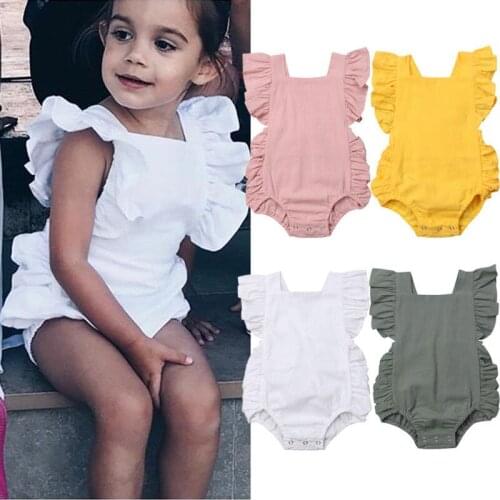 Newborn Toddler Kids Baby Girls Romper Ruffles Short Sleeve Solid Backless Belt Jumpsuits Cotton Romper 4 Colors